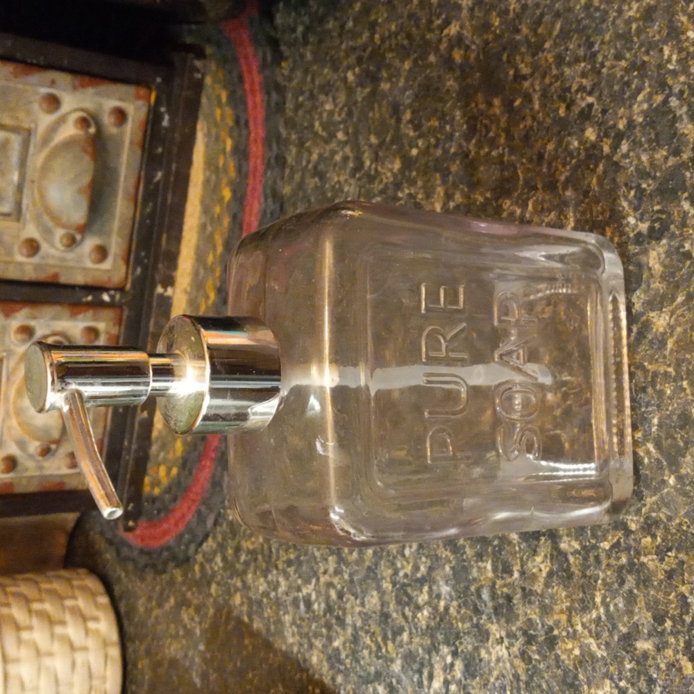Country Kitchen/Bathroom Clear Glass Soap Dispenser (says Pure Soap)